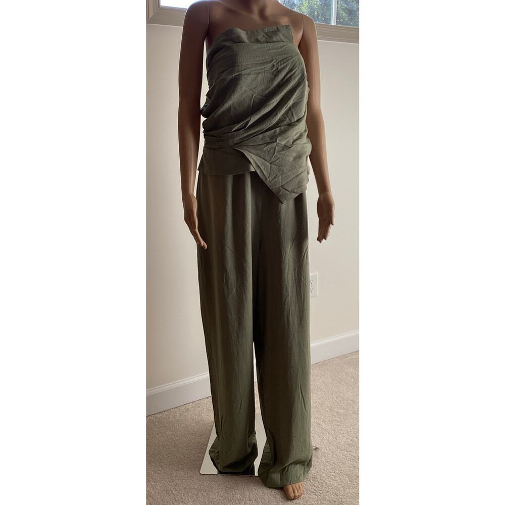 ASOS DESIGN drape detail bandeau jumpsuit in khaki linen mix sz 14